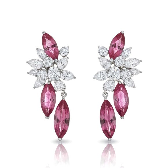 Marquise Ruby 18K White Gold Diamond Floral Drop Earrings - Picture 1 of 5